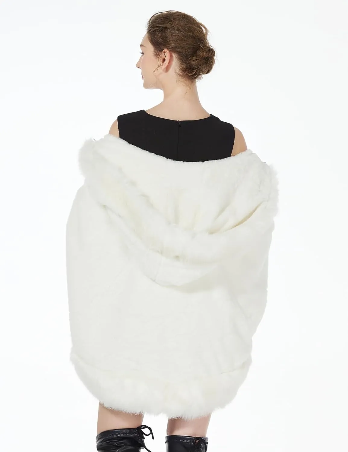 BEAUTELICATE Women's Party Faux Fox Fur Long Shawl Cloak Hooded Cape Coat