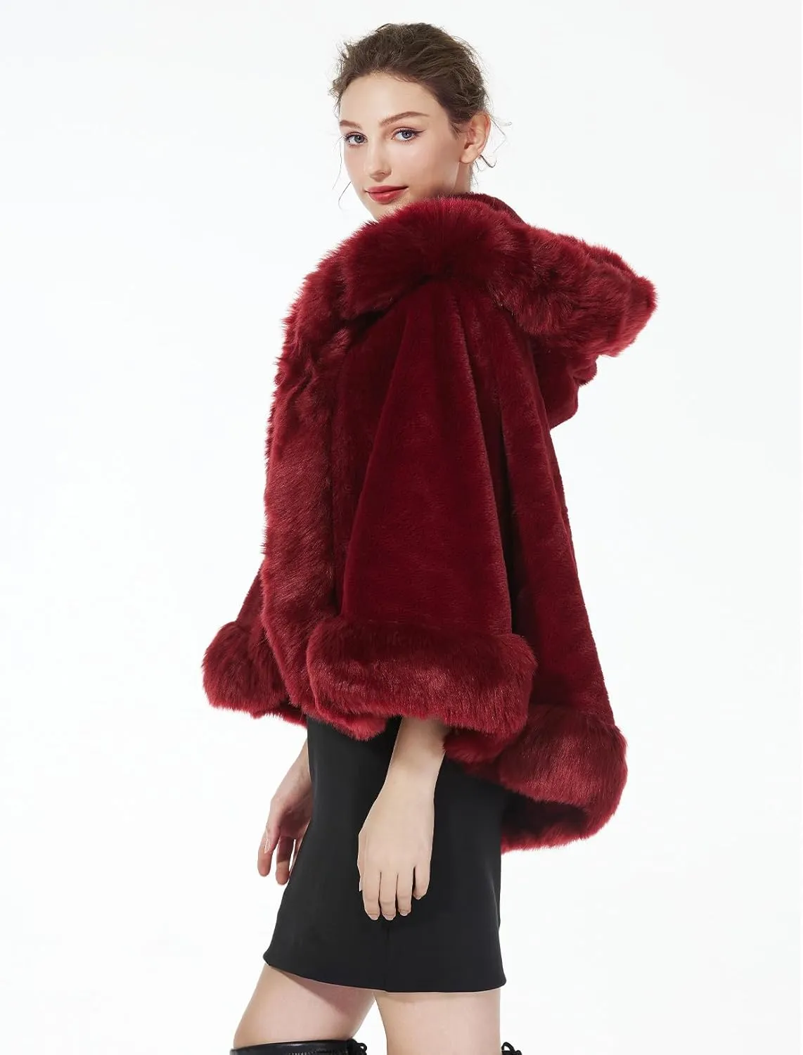 BEAUTELICATE Women's Party Faux Fox Fur Long Shawl Cloak Hooded Cape Coat