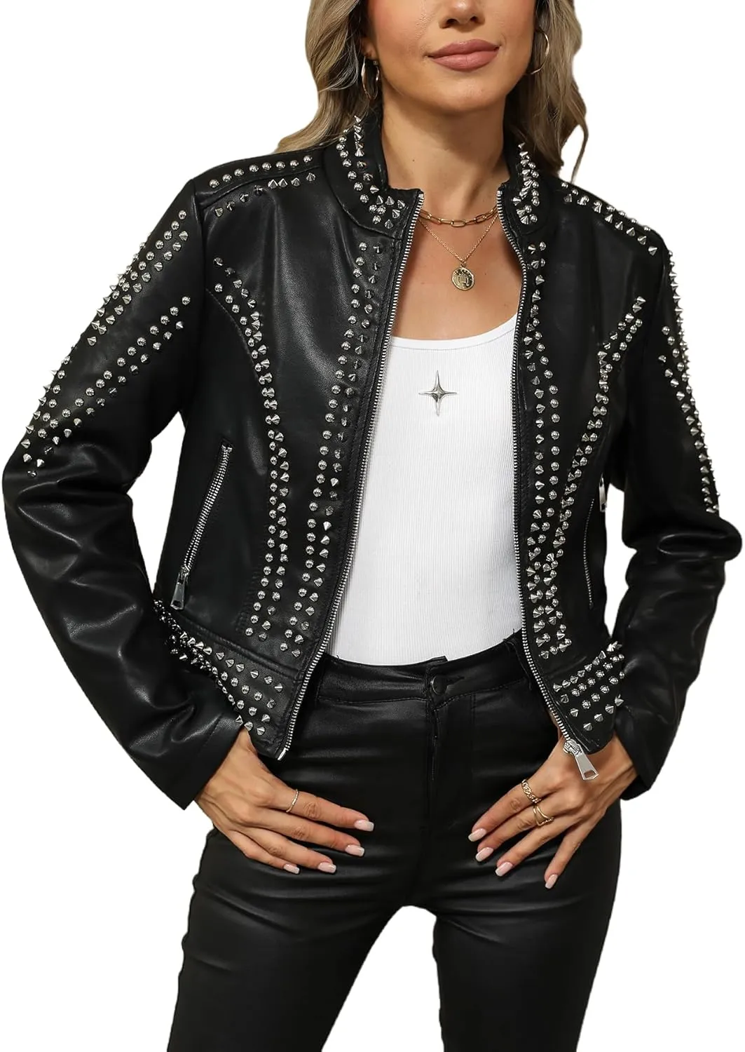 Bellivera Women's Faux Leather Jacket Studded Rivet Casual Short Moto Biker Stand Collar Coat