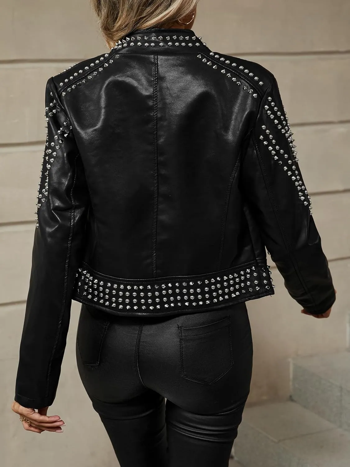 Bellivera Women's Faux Leather Jacket Studded Rivet Casual Short Moto Biker Stand Collar Coat