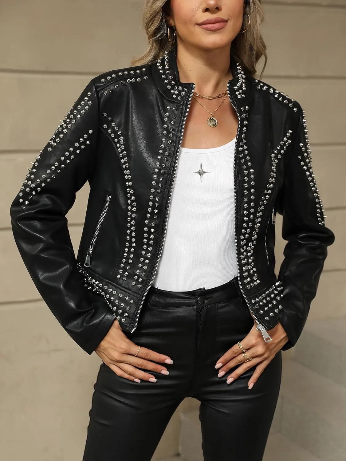 Bellivera Women's Faux Leather Jacket Studded Rivet Casual Short Moto Biker Stand Collar Coat