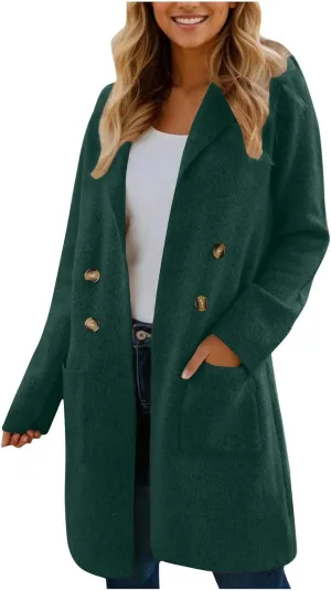 Binmer Women Winter Wool Coat Mid-Length Notch Double-Breasted Lapel Jacket Elegant Outwear Long Trench Overcoat with Pockets