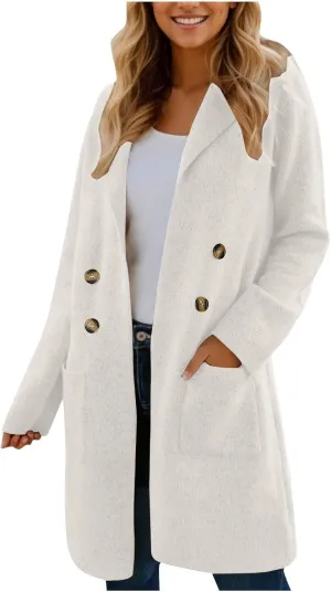 Binmer Women Winter Wool Coat Mid-Length Notch Double-Breasted Lapel Jacket Elegant Outwear Long Trench Overcoat with Pockets