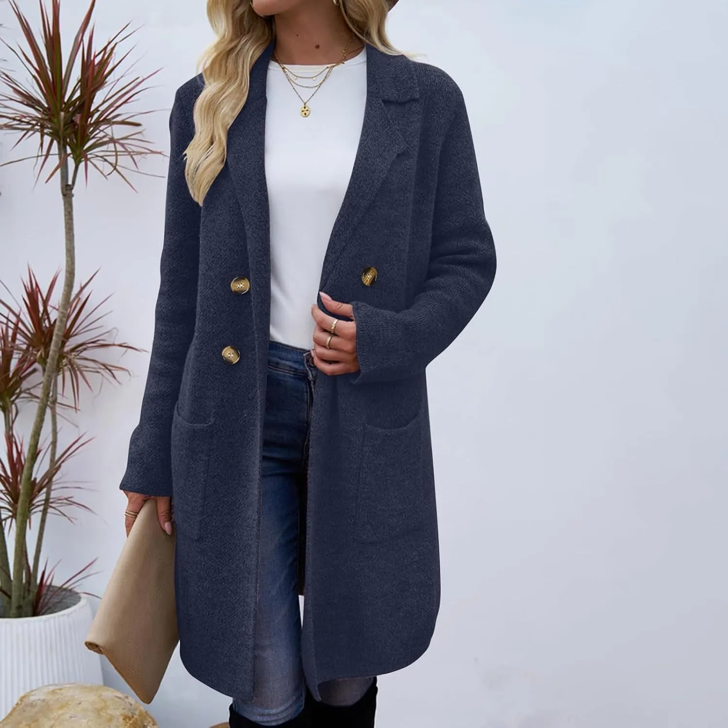 Binmer Women Winter Wool Coat Mid-Length Notch Double-Breasted Lapel Jacket Elegant Outwear Long Trench Overcoat with Pockets