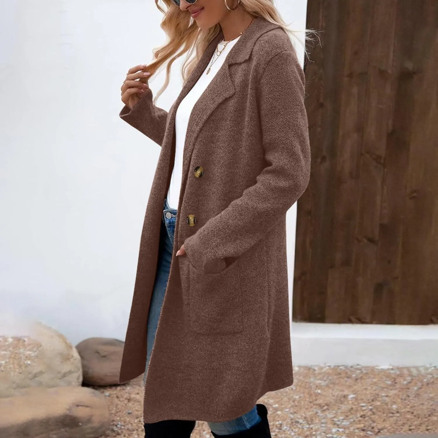 Binmer Women Winter Wool Coat Mid-Length Notch Double-Breasted Lapel Jacket Elegant Outwear Long Trench Overcoat with Pockets