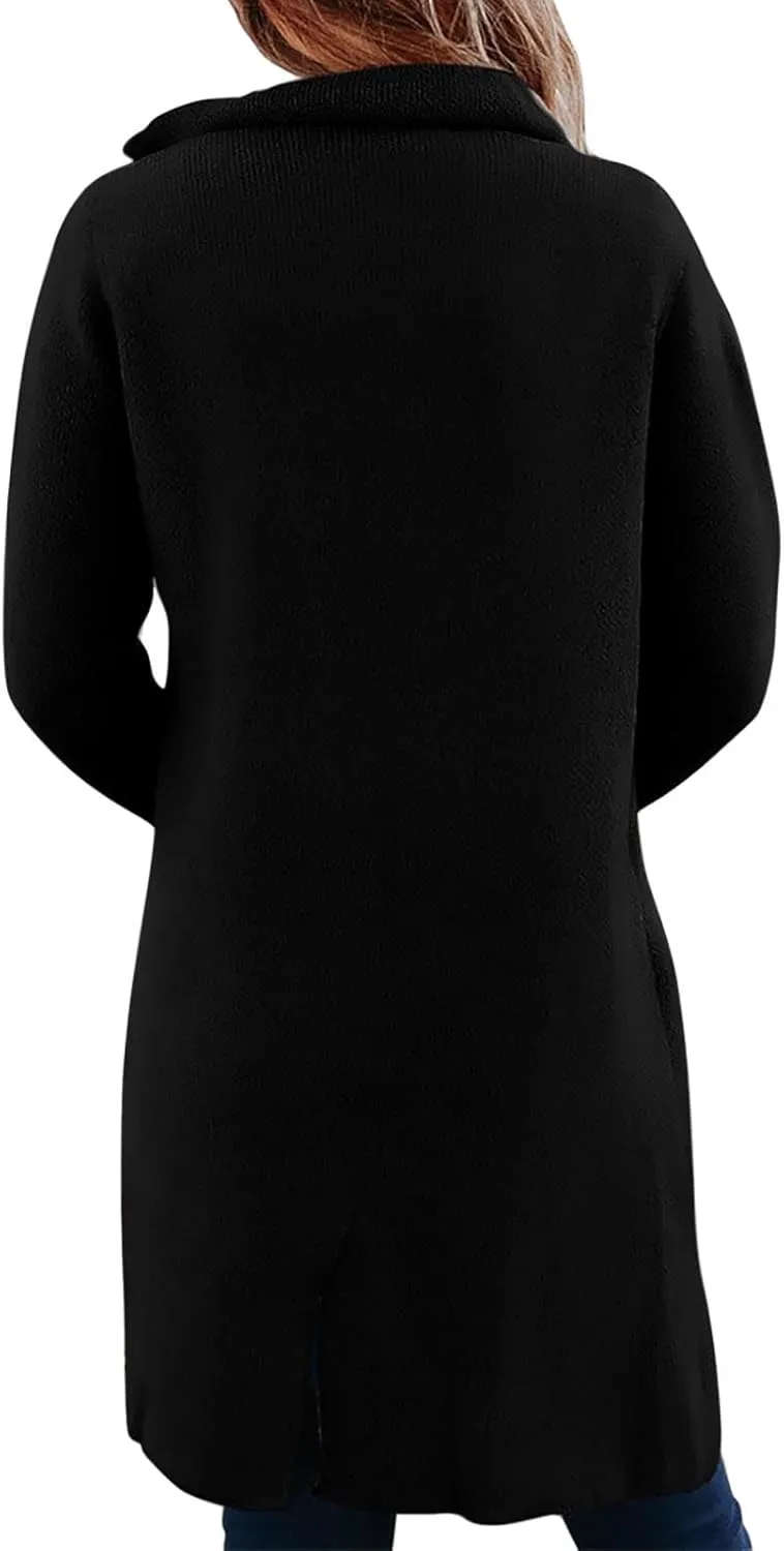 Binmer Women Winter Wool Coat Mid-Length Notch Double-Breasted Lapel Jacket Elegant Outwear Long Trench Overcoat with Pockets