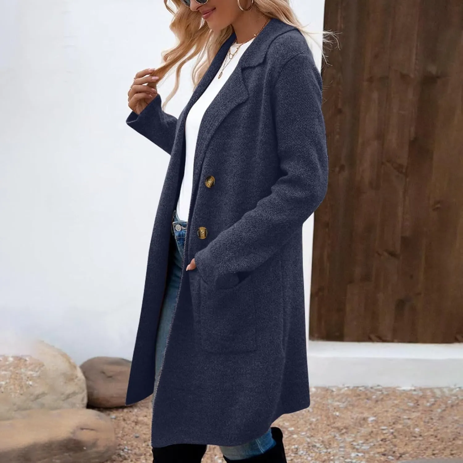 Binmer Women Winter Wool Coat Mid-Length Notch Double-Breasted Lapel Jacket Elegant Outwear Long Trench Overcoat with Pockets