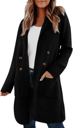 Binmer Women Winter Wool Coat Mid-Length Notch Double-Breasted Lapel Jacket Elegant Outwear Long Trench Overcoat with Pockets