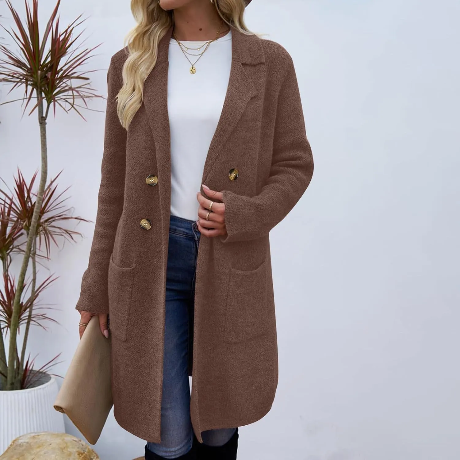 Binmer Women Winter Wool Coat Mid-Length Notch Double-Breasted Lapel Jacket Elegant Outwear Long Trench Overcoat with Pockets