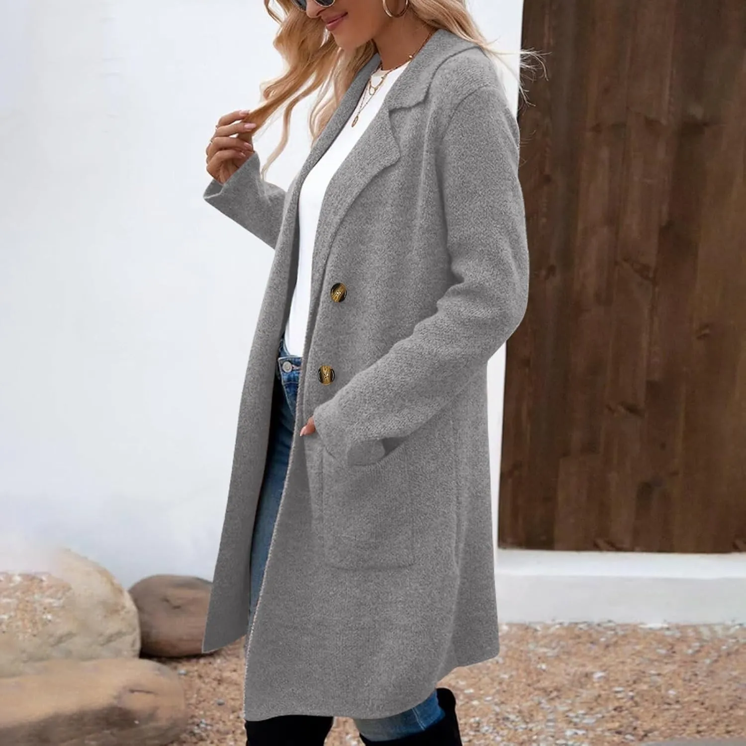 Binmer Women Winter Wool Coat Mid-Length Notch Double-Breasted Lapel Jacket Elegant Outwear Long Trench Overcoat with Pockets