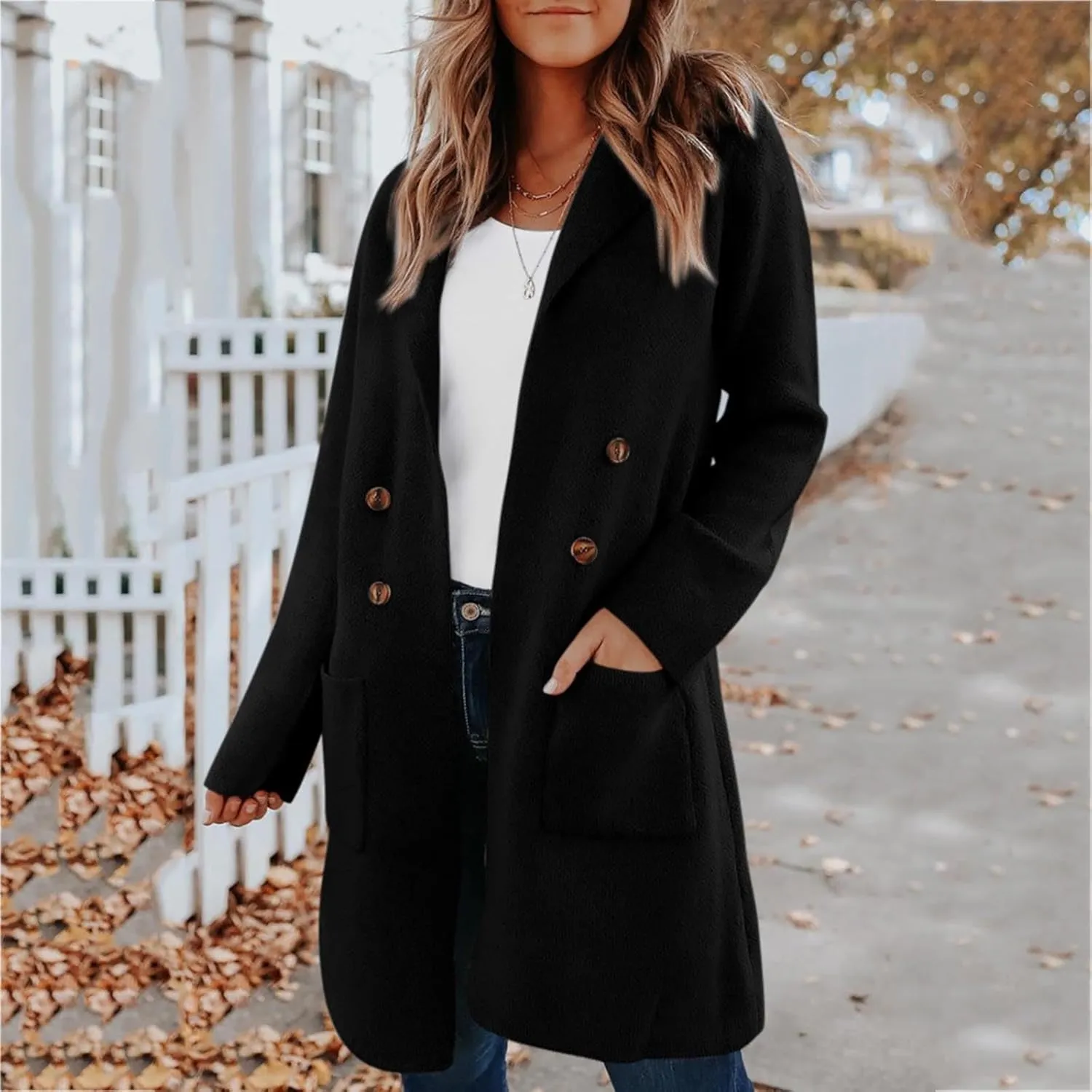 Binmer Women Winter Wool Coat Mid-Length Notch Double-Breasted Lapel Jacket Elegant Outwear Long Trench Overcoat with Pockets