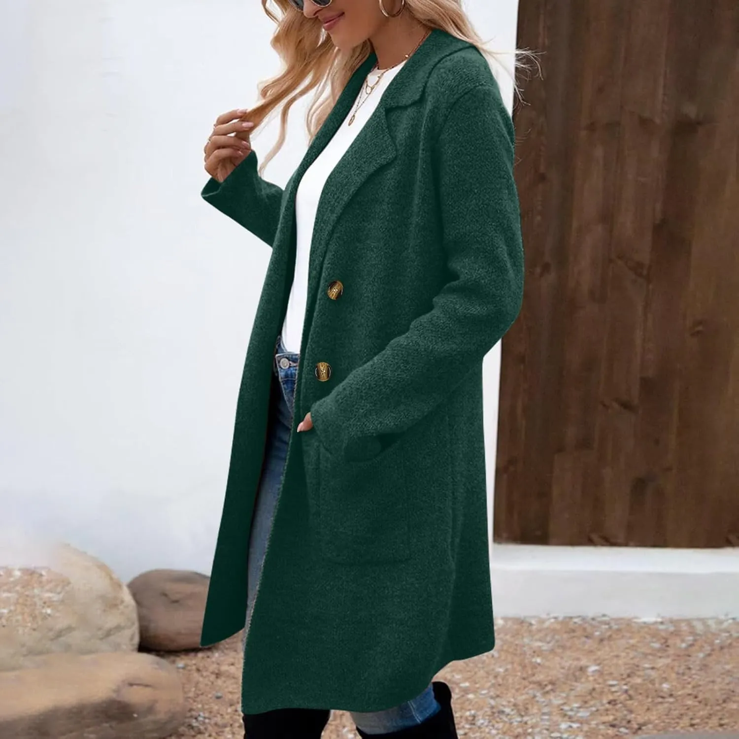 Binmer Women Winter Wool Coat Mid-Length Notch Double-Breasted Lapel Jacket Elegant Outwear Long Trench Overcoat with Pockets