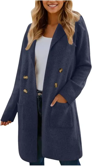 Binmer Women Winter Wool Coat Mid-Length Notch Double-Breasted Lapel Jacket Elegant Outwear Long Trench Overcoat with Pockets