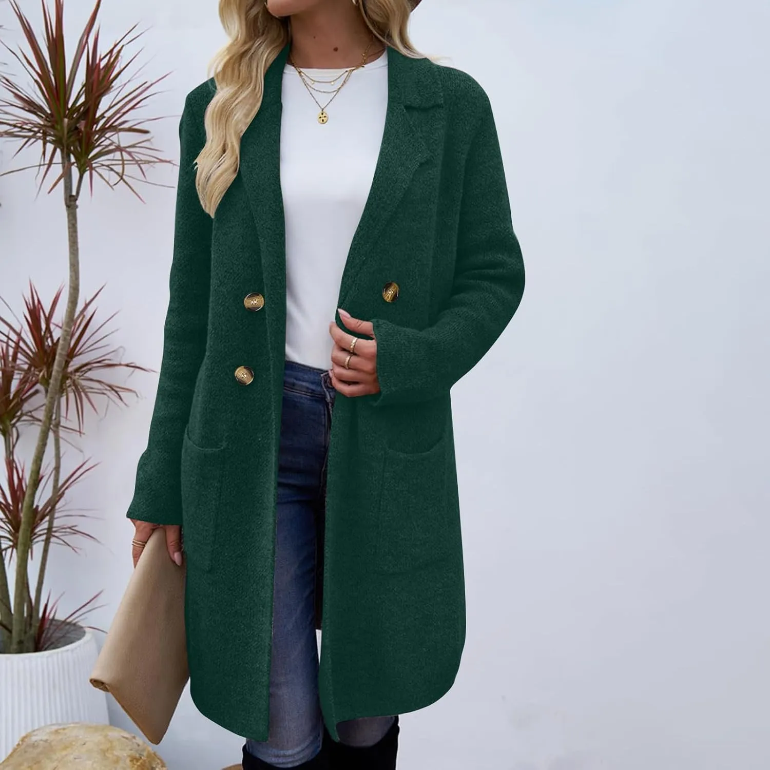 Binmer Women Winter Wool Coat Mid-Length Notch Double-Breasted Lapel Jacket Elegant Outwear Long Trench Overcoat with Pockets