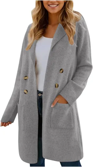 Binmer Women Winter Wool Coat Mid-Length Notch Double-Breasted Lapel Jacket Elegant Outwear Long Trench Overcoat with Pockets