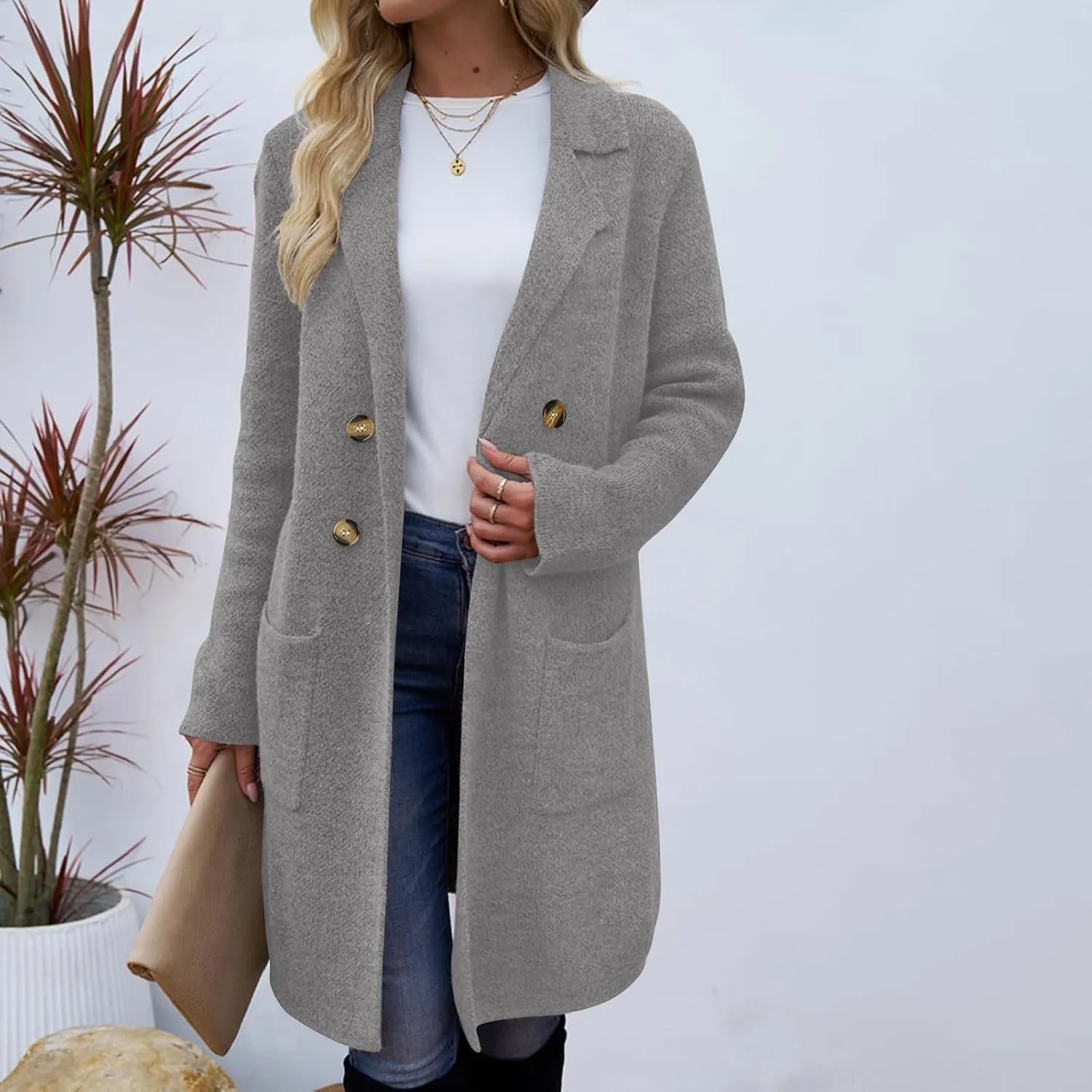 Binmer Women Winter Wool Coat Mid-Length Notch Double-Breasted Lapel Jacket Elegant Outwear Long Trench Overcoat with Pockets