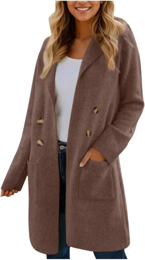 Binmer Women Winter Wool Coat Mid-Length Notch Double-Breasted Lapel Jacket Elegant Outwear Long Trench Overcoat with Pockets