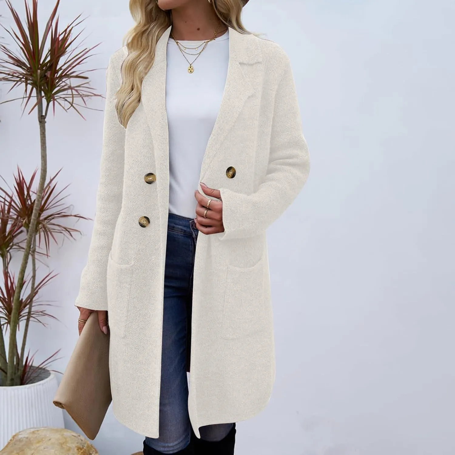 Binmer Women Winter Wool Coat Mid-Length Notch Double-Breasted Lapel Jacket Elegant Outwear Long Trench Overcoat with Pockets