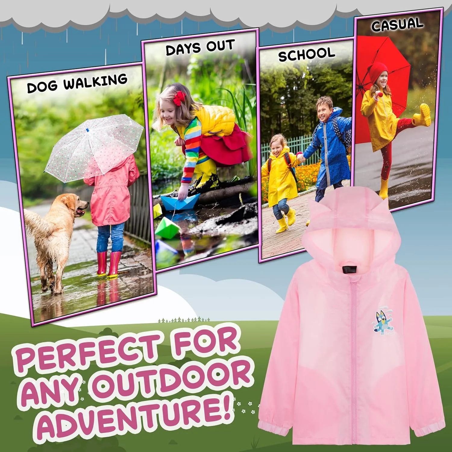 Bluey Girls Raincoat With Hood, Waterproof Fleece Lined Outdoor Rainwear For Kids