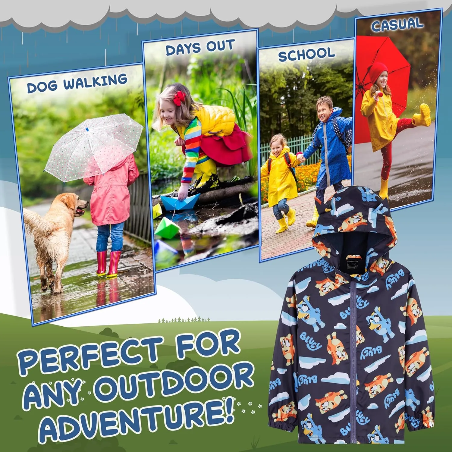 Bluey Girls Raincoat With Hood, Waterproof Fleece Lined Outdoor Rainwear For Kids