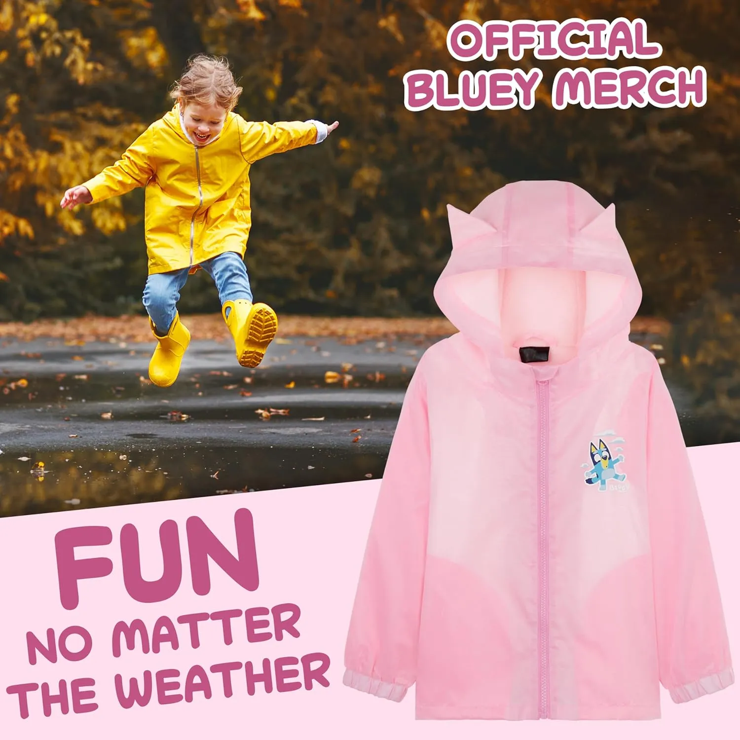 Bluey Girls Raincoat With Hood, Waterproof Fleece Lined Outdoor Rainwear For Kids