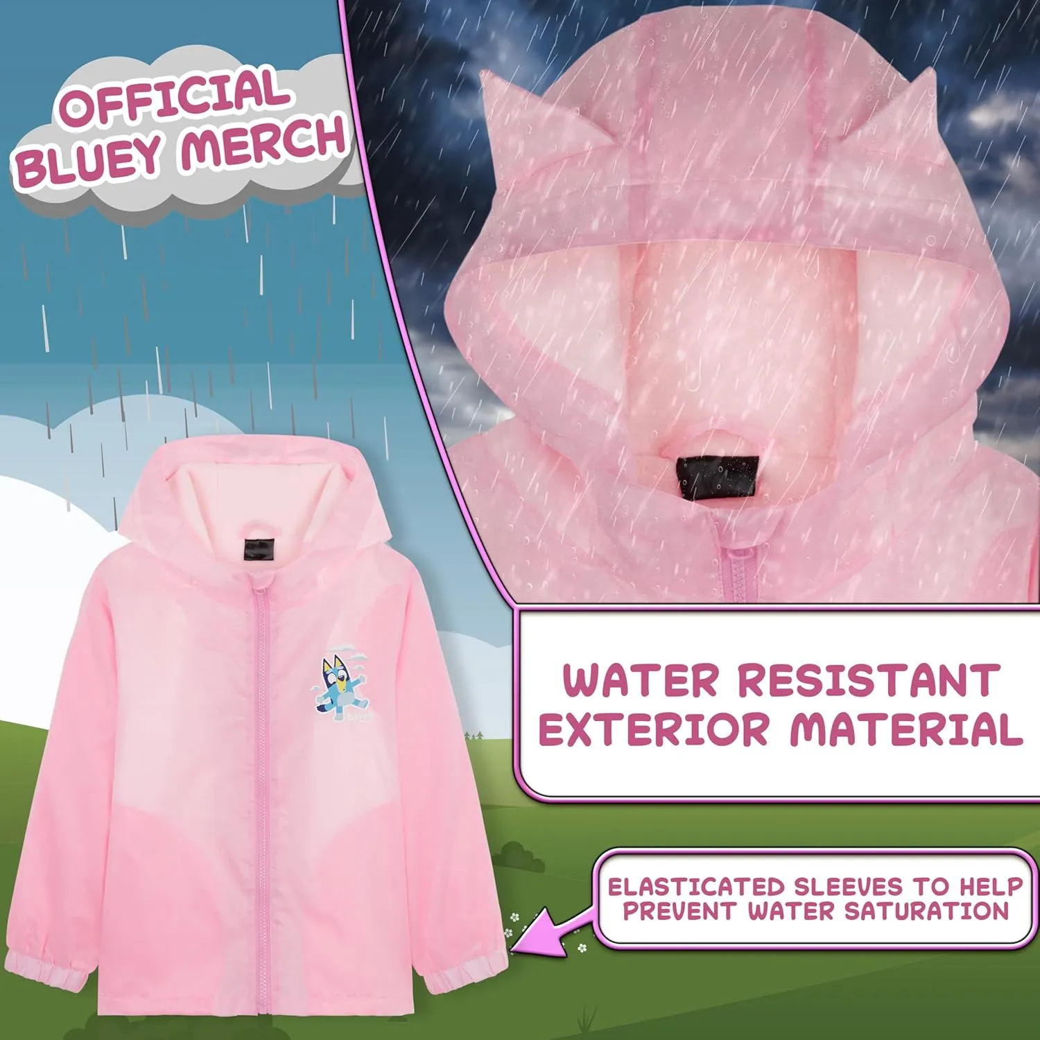 Bluey Girls Raincoat With Hood, Waterproof Fleece Lined Outdoor Rainwear For Kids