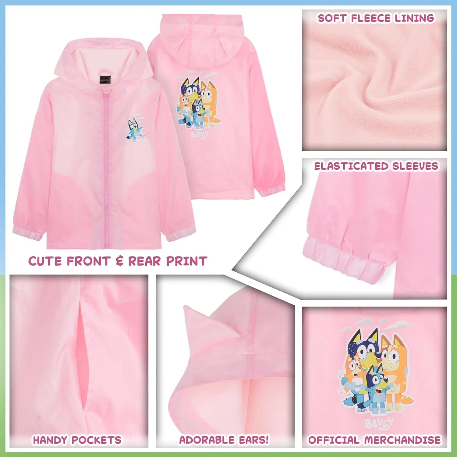 Bluey Girls Raincoat With Hood, Waterproof Fleece Lined Outdoor Rainwear For Kids