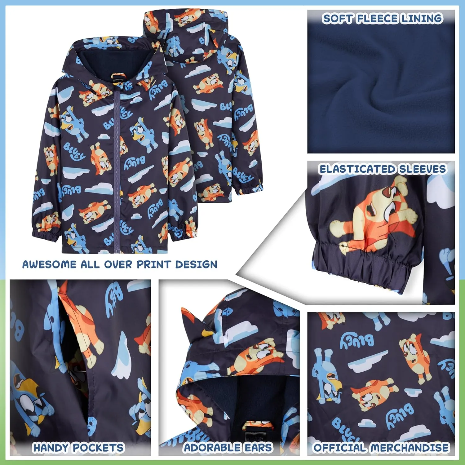 Bluey Girls Raincoat With Hood, Waterproof Fleece Lined Outdoor Rainwear For Kids