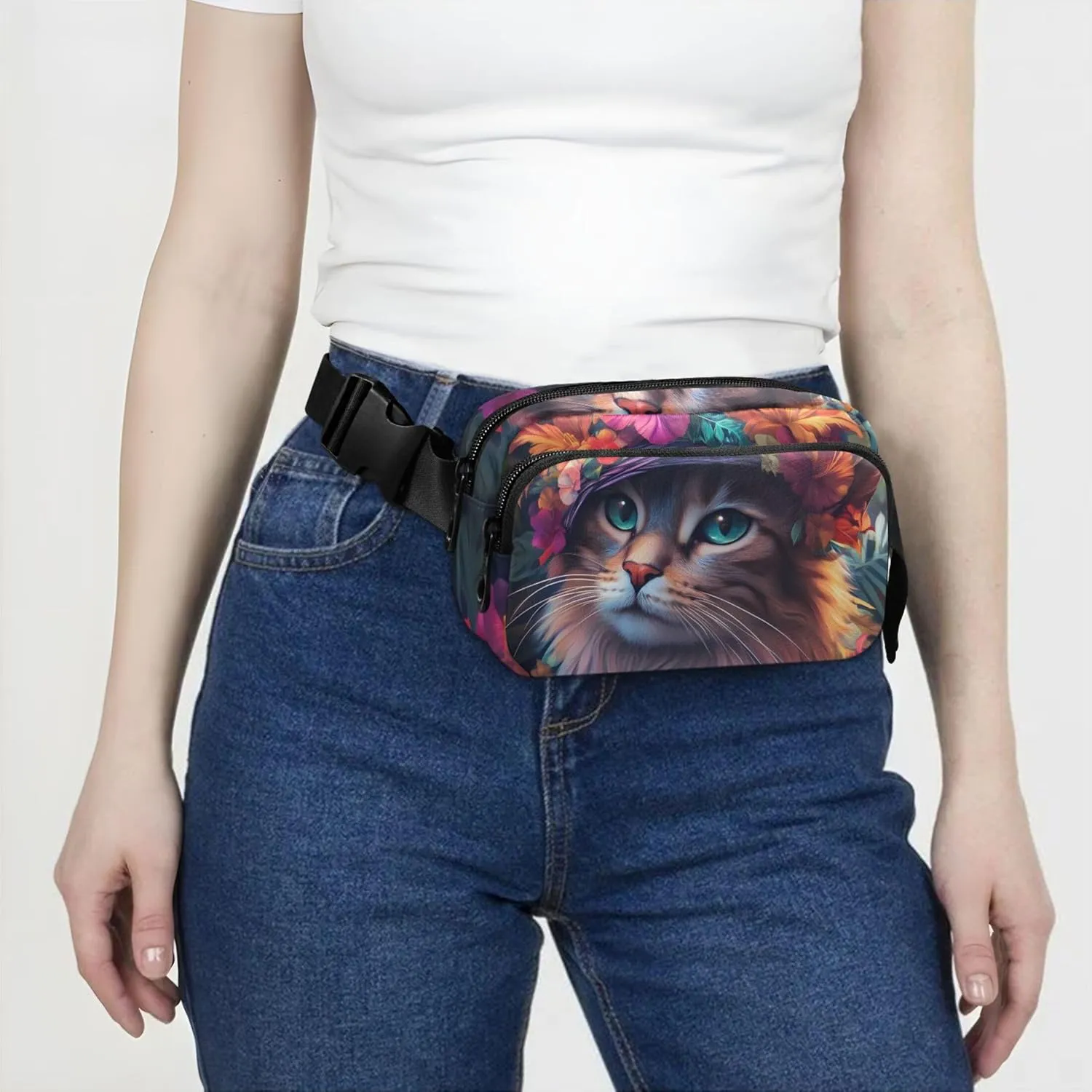 Boho Cat Floral Hat Sunflower Fanny Packs Women Waterproof Hip Pouch Belt Bag Cute Crossbody Waist Bag