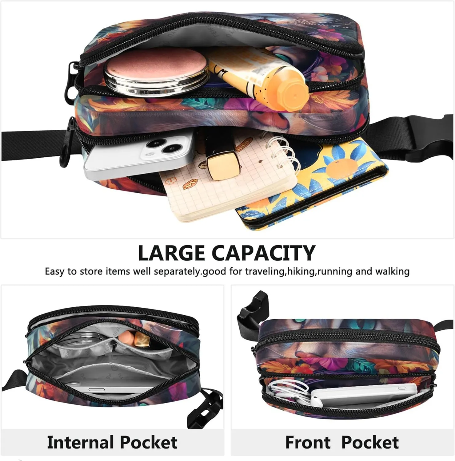 Boho Cat Floral Hat Sunflower Fanny Packs Women Waterproof Hip Pouch Belt Bag Cute Crossbody Waist Bag