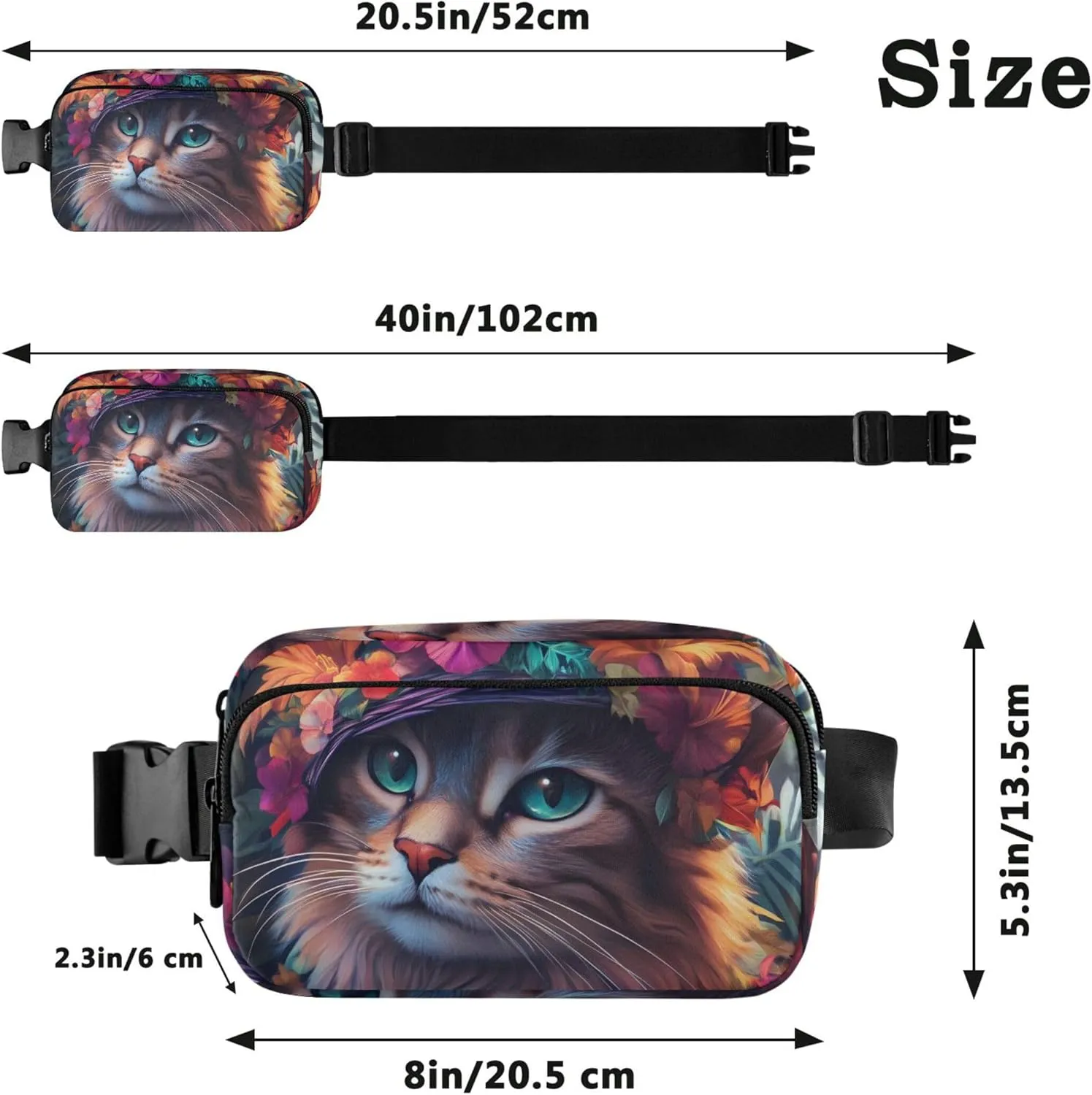 Boho Cat Floral Hat Sunflower Fanny Packs Women Waterproof Hip Pouch Belt Bag Cute Crossbody Waist Bag