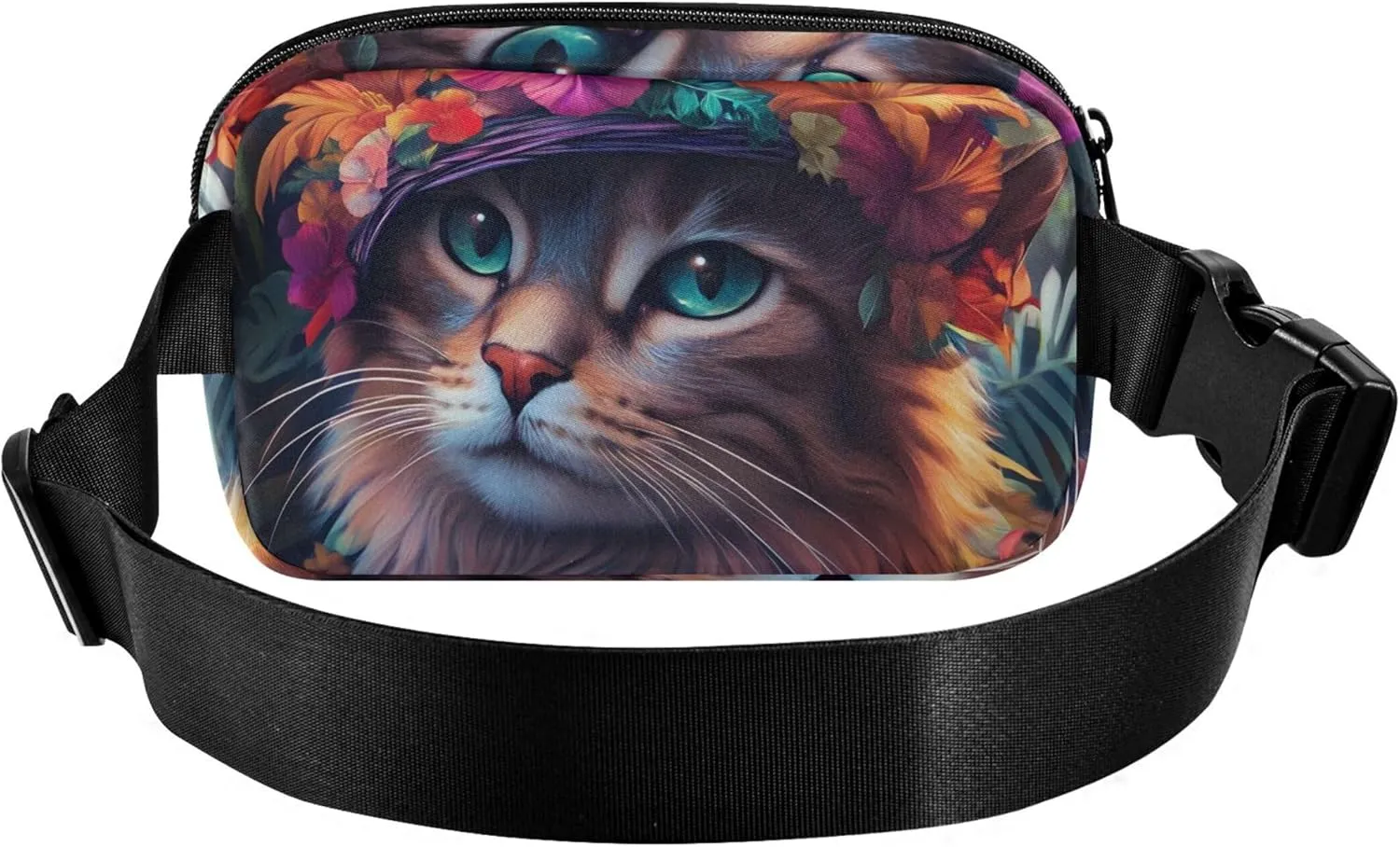 Boho Cat Floral Hat Sunflower Fanny Packs Women Waterproof Hip Pouch Belt Bag Cute Crossbody Waist Bag