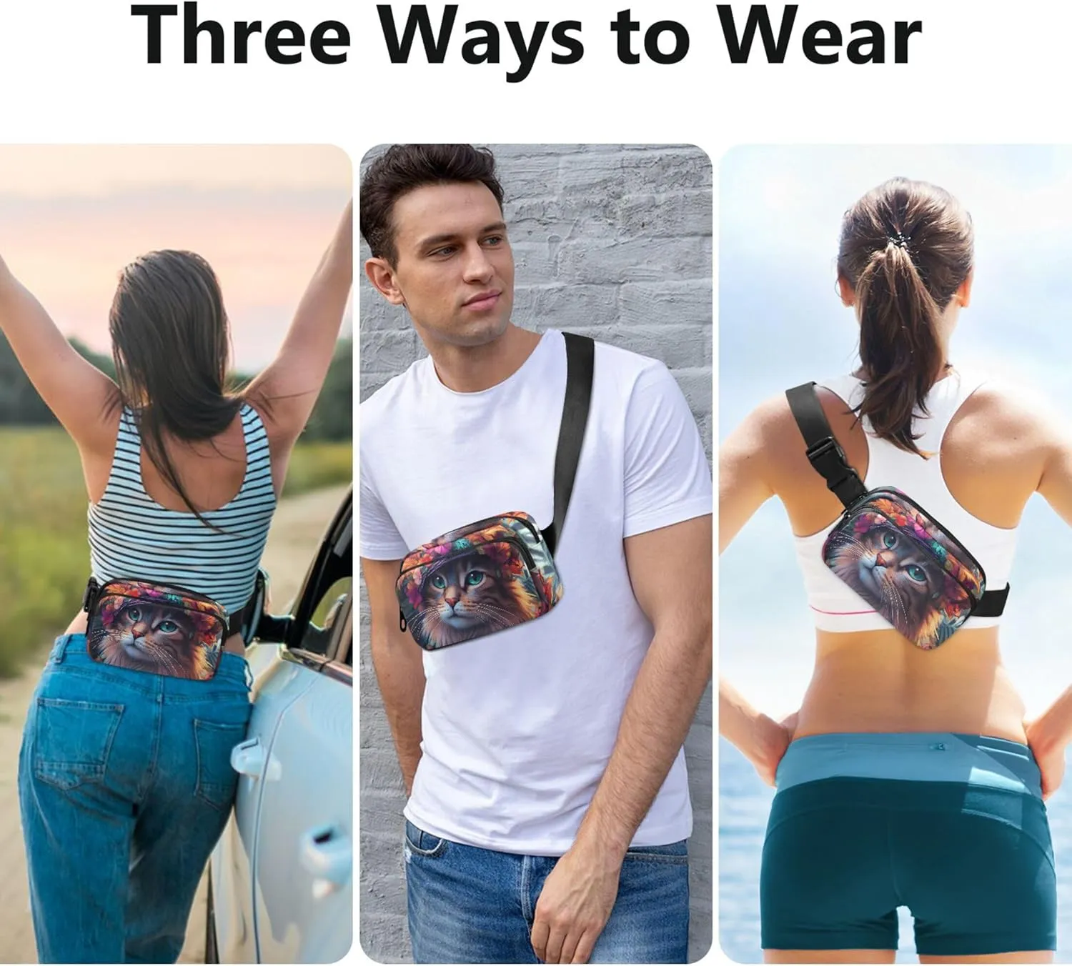 Boho Cat Floral Hat Sunflower Fanny Packs Women Waterproof Hip Pouch Belt Bag Cute Crossbody Waist Bag