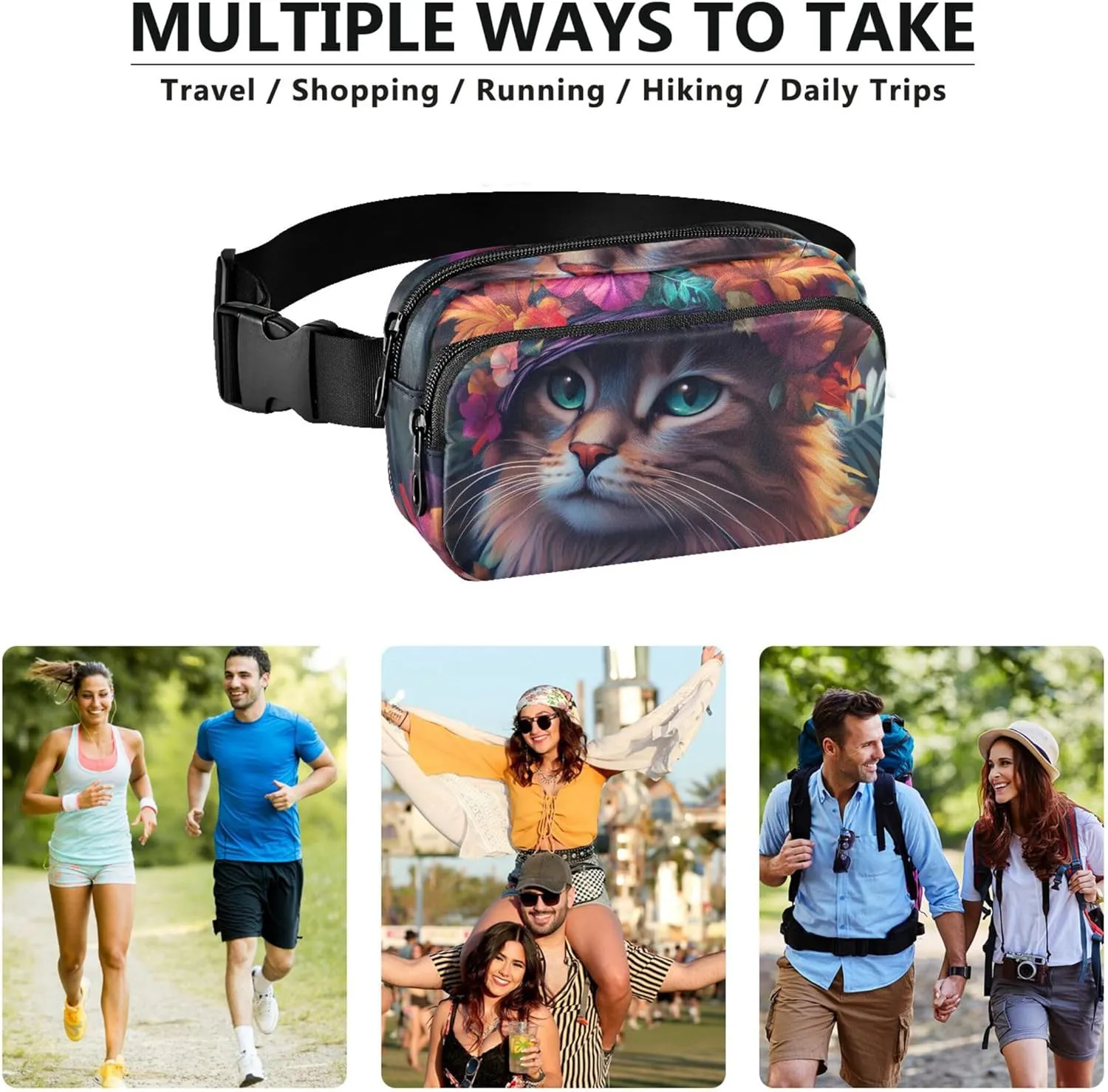 Boho Cat Floral Hat Sunflower Fanny Packs Women Waterproof Hip Pouch Belt Bag Cute Crossbody Waist Bag