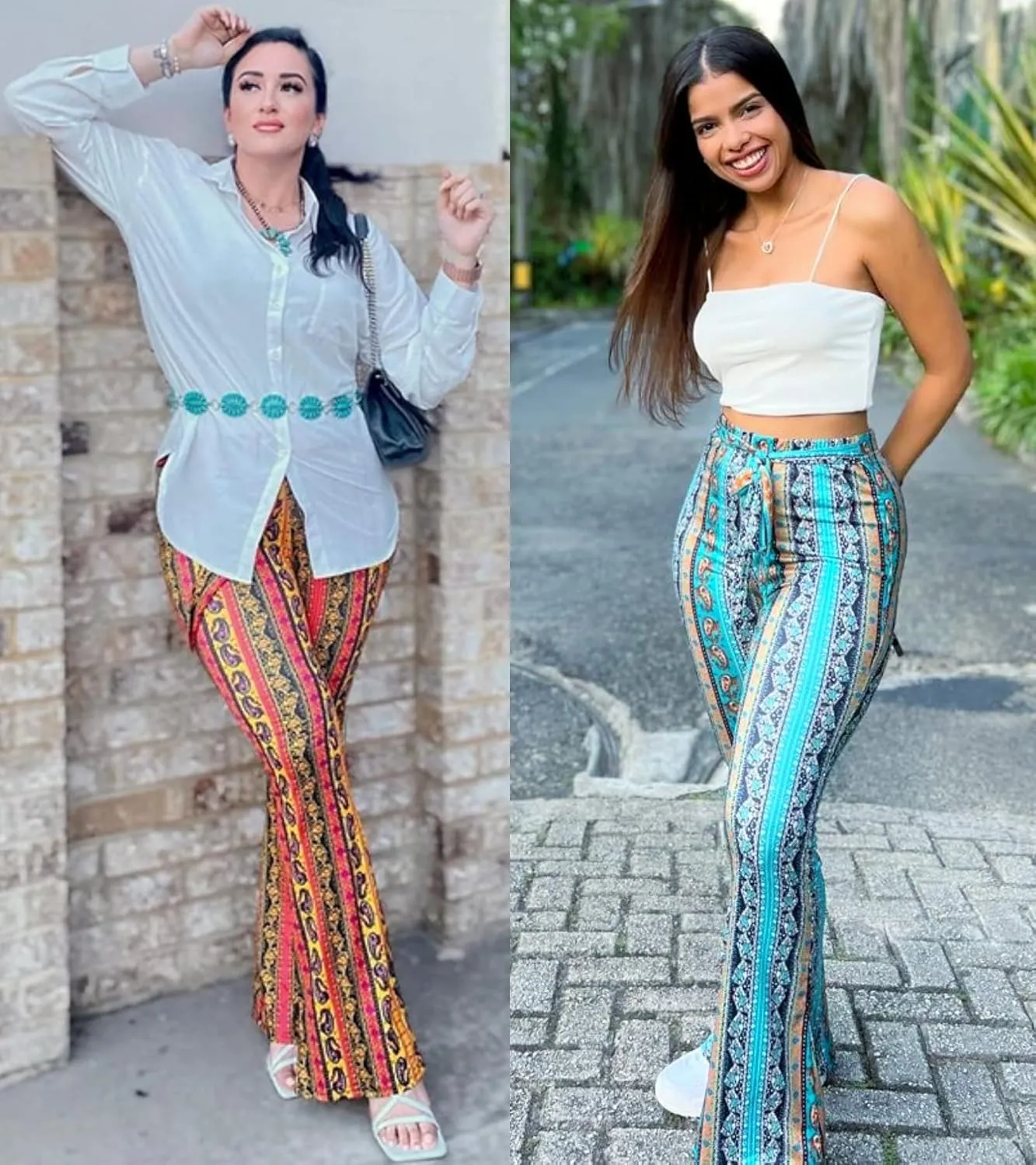 Boho Flare Pants for Women - Rave High Waisted Bell Bottom Retro 70s Disco EDM Floral Wide Leg Legging