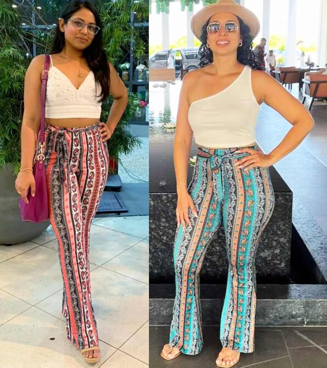 Boho Flare Pants for Women - Rave High Waisted Bell Bottom Retro 70s Disco EDM Floral Wide Leg Legging