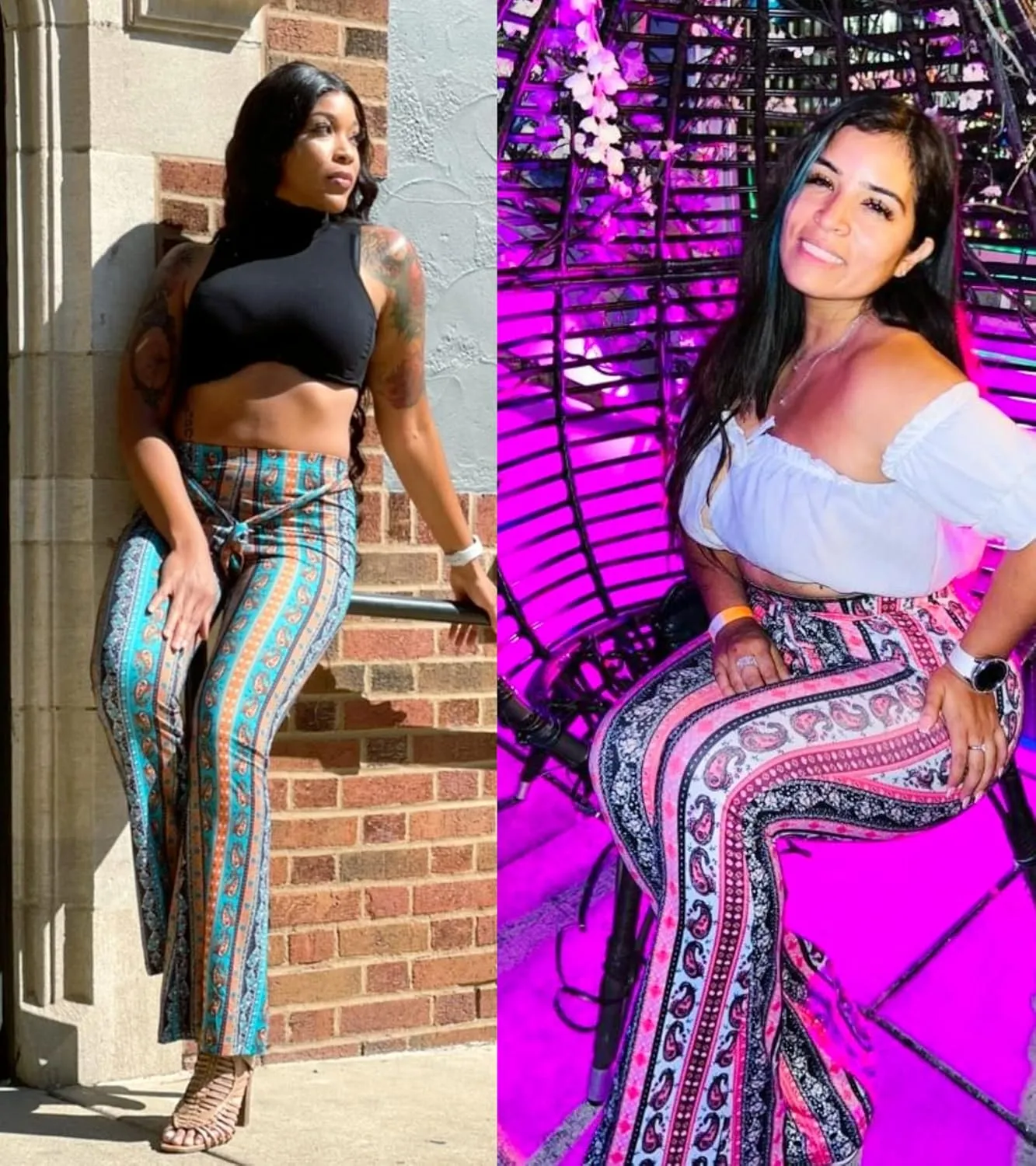 Boho Flare Pants for Women - Rave High Waisted Bell Bottom Retro 70s Disco EDM Floral Wide Leg Legging