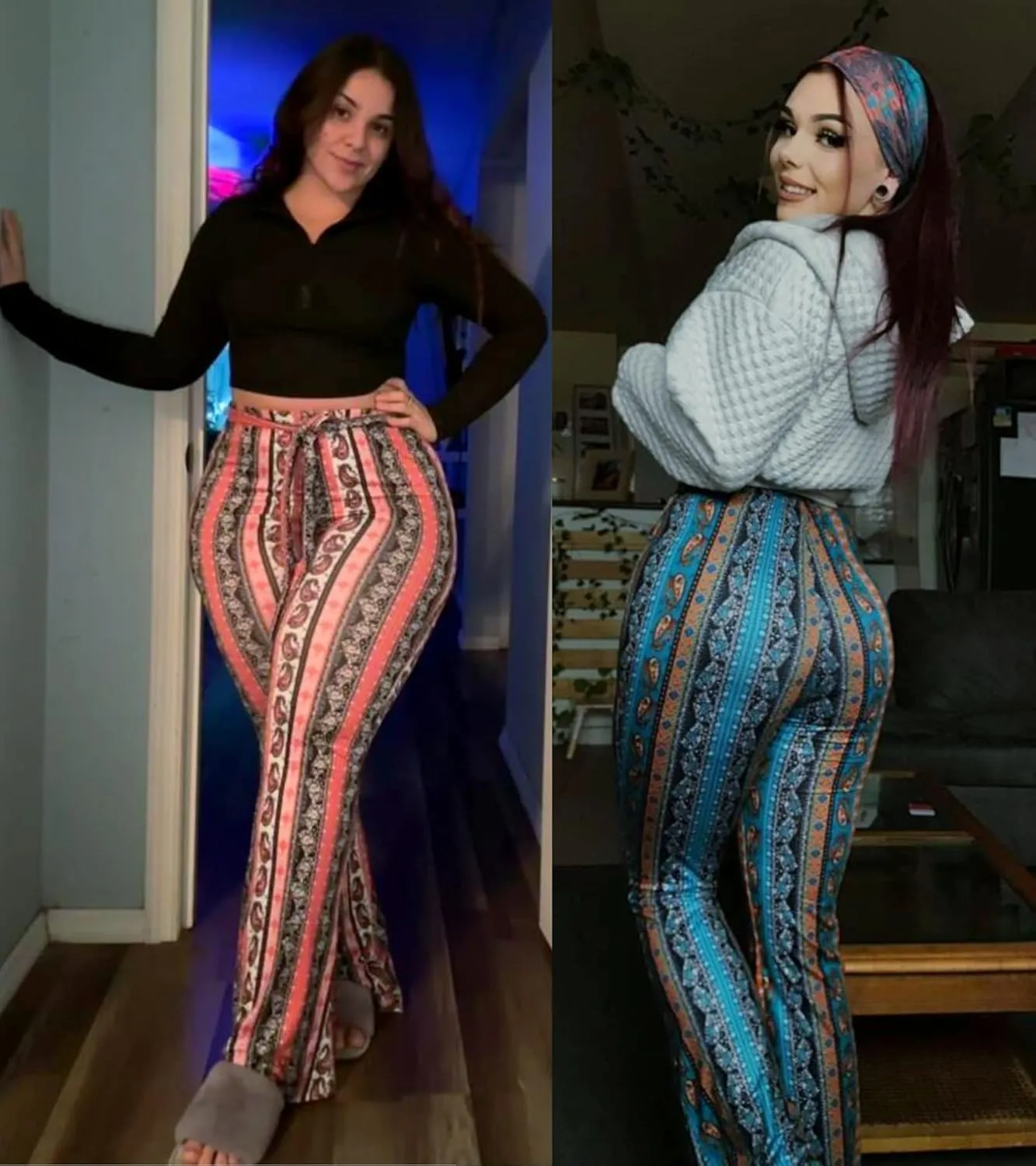 Boho Flare Pants for Women - Rave High Waisted Bell Bottom Retro 70s Disco EDM Floral Wide Leg Legging