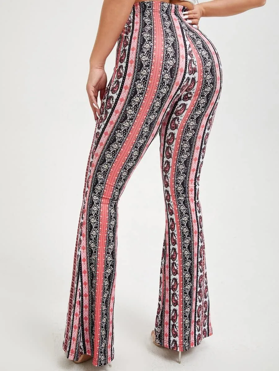 Boho Flare Pants for Women - Rave High Waisted Bell Bottom Retro 70s Disco EDM Floral Wide Leg Legging