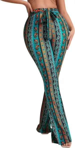 Boho Flare Pants for Women - Rave High Waisted Bell Bottom Retro 70s Disco EDM Floral Wide Leg Legging