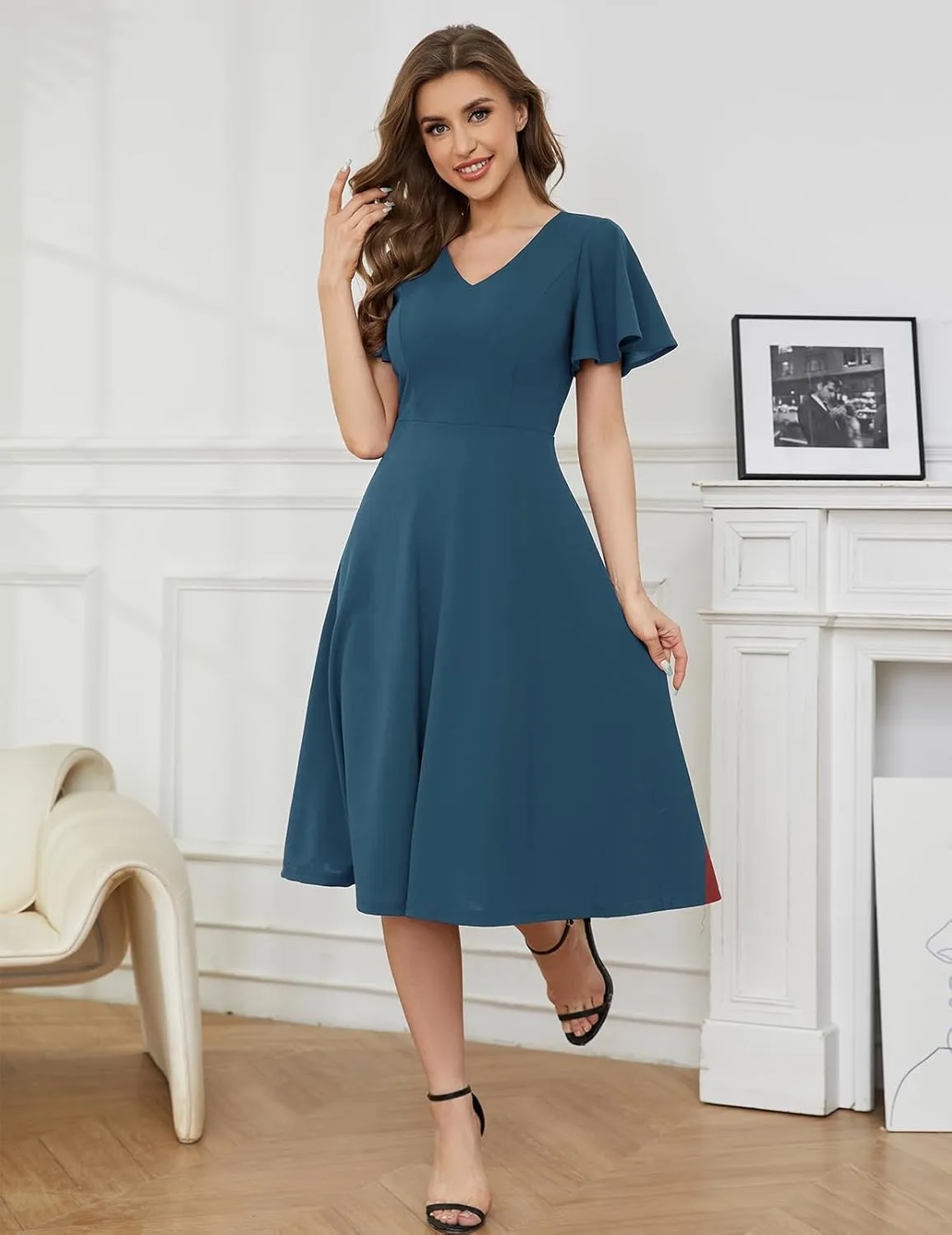 Bridesmay Wedding Guest Cocktail Dress 2025 Short Sleeve Modest A-Line Semi Formal Party Dress for Women