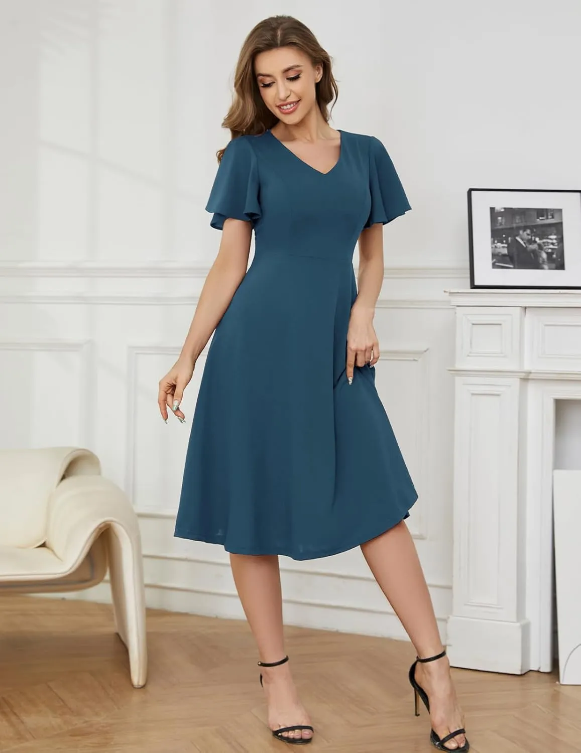 Bridesmay Wedding Guest Cocktail Dress 2025 Short Sleeve Modest A-Line Semi Formal Party Dress for Women