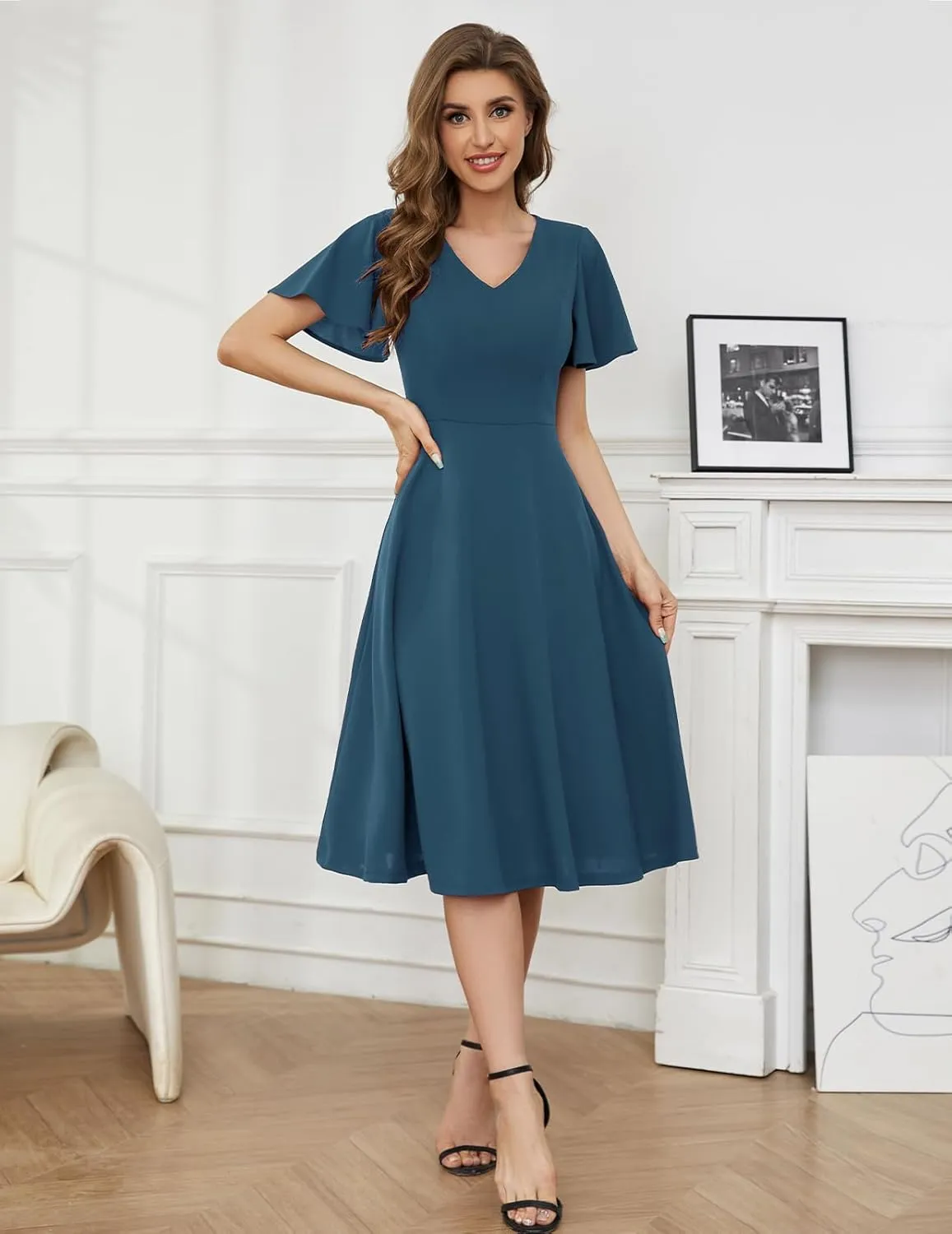 Bridesmay Wedding Guest Cocktail Dress 2025 Short Sleeve Modest A-Line Semi Formal Party Dress for Women