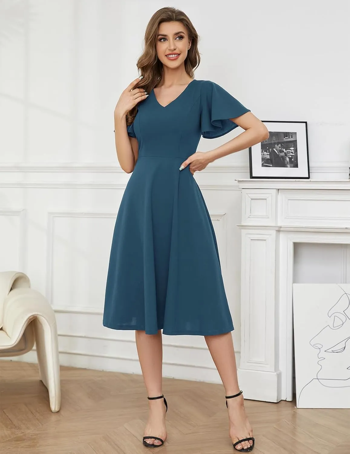 Bridesmay Wedding Guest Cocktail Dress 2025 Short Sleeve Modest A-Line Semi Formal Party Dress for Women