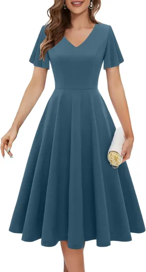 Bridesmay Wedding Guest Cocktail Dress 2025 Short Sleeve Modest A-Line Semi Formal Party Dress for Women