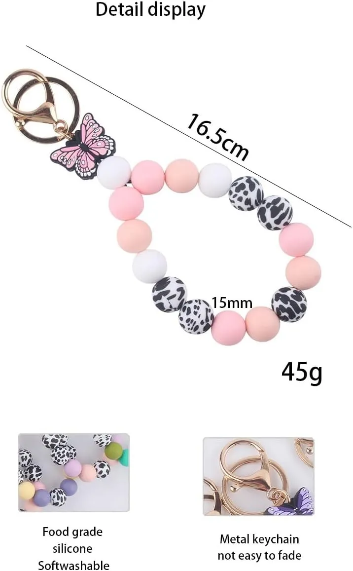 Butterfly Silicone Beaded Bracelets Wristlets Keychain for Women,Leopard Beaded Bracelet Bangle Key Chains Keyring