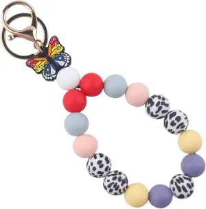 Butterfly Silicone Beaded Bracelets Wristlets Keychain for Women,Leopard Beaded Bracelet Bangle Key Chains Keyring