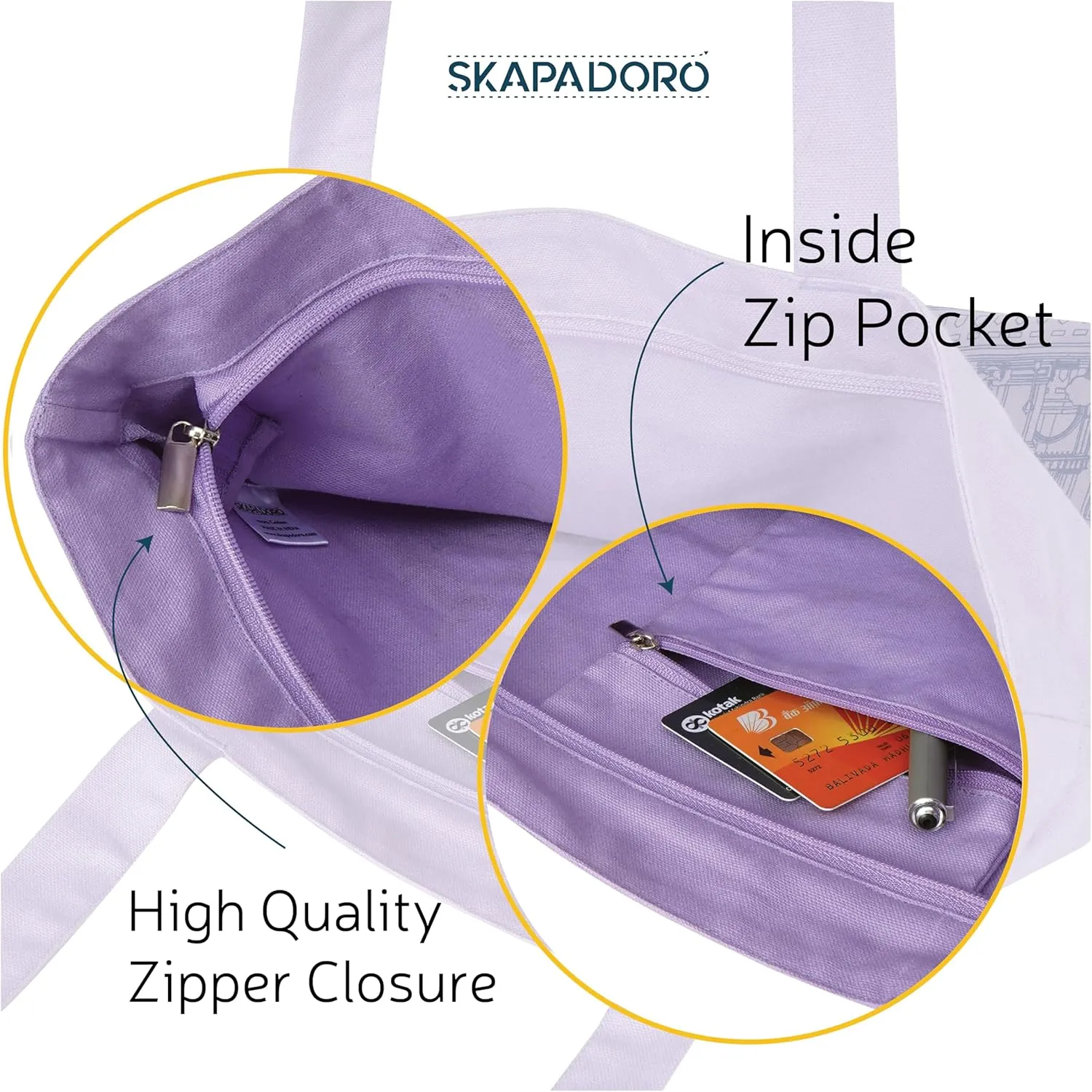 Canvas Big Zip Printed Handbag Tote, Cotton, Inner Pocket, Ecofriendly Bags for Women, Shopping Bag, Easy to Wash