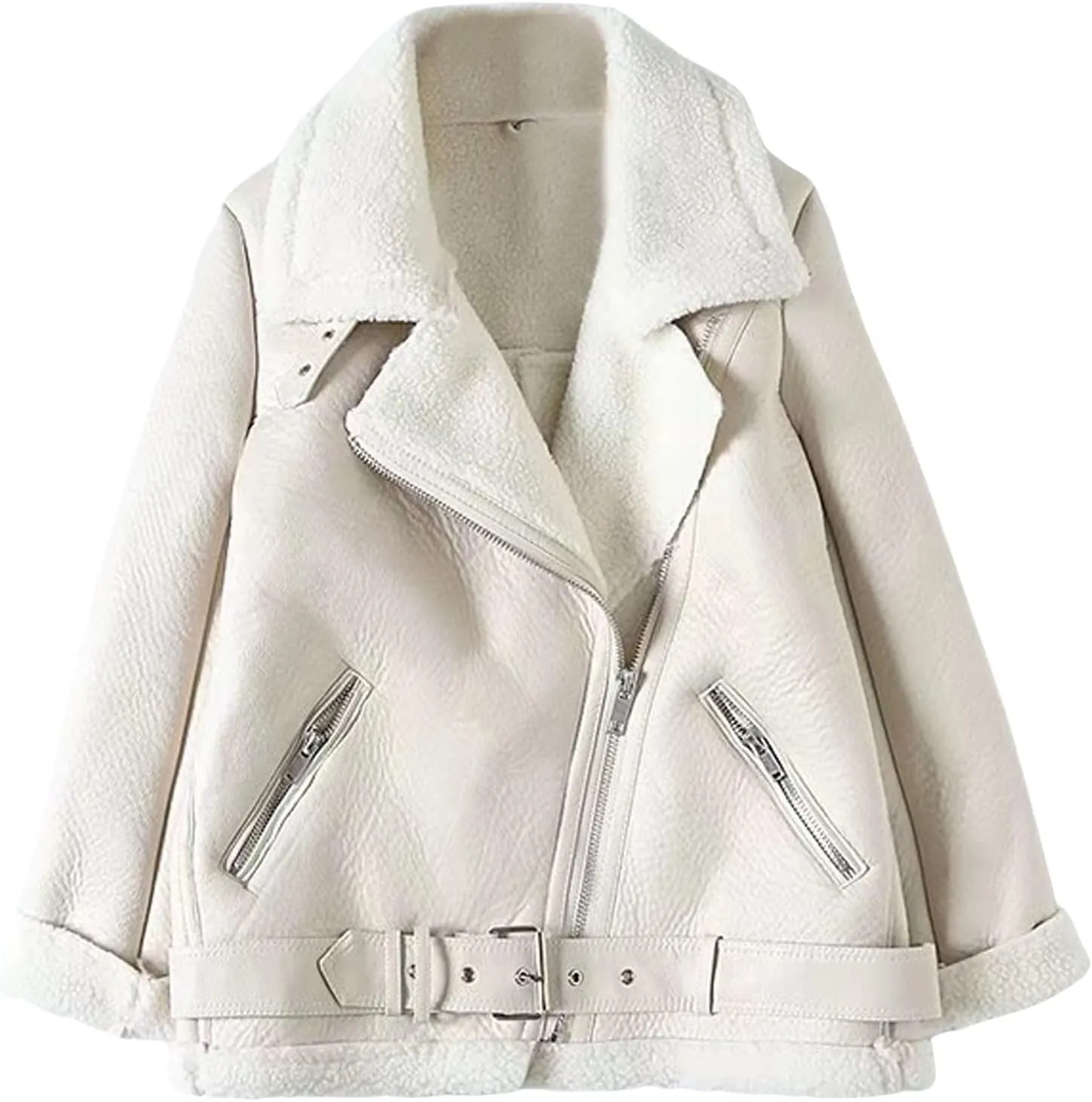 CHARTOU Women Faux Leather Jacket Fur Lined Winter Coat Warm Zip Up Notched Collar Moto Bomber Jacket