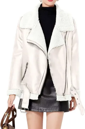 CHARTOU Women Faux Leather Jacket Fur Lined Winter Coat Warm Zip Up Notched Collar Moto Bomber Jacket